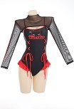 [Officially Licensed] Emily the Strange Black Fantasy One-Piece Swimsuit Print Lace-up Ruffled Bathing Suit With Mesh Shrug Cover Up