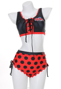 Officially Licensed Miraculous Ladybug Costume Bikini Set | Women's Red and Black Polka Dot Swimsuit