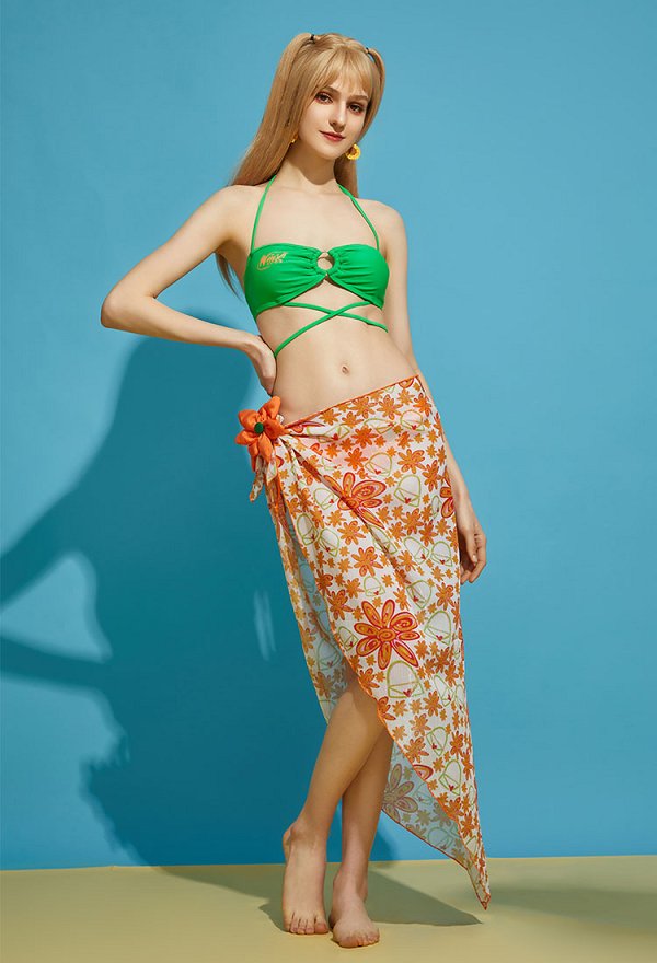 Officially Licensed Winx Club Women's Stella Costume Swimsuit | Bikini Sets Bathing Suit with Beach Gauze Skirt Swimsuit Green Orange