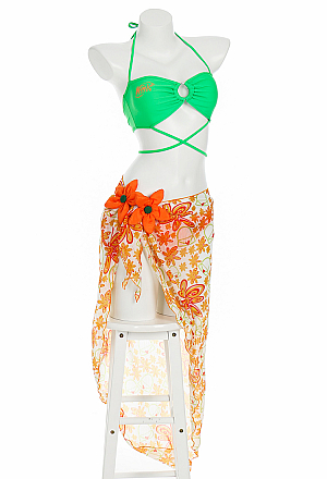 Officially Licensed Winx Club Women's Stella Costume Swimsuit | Bikini Sets Bathing Suit with Beach Gauze Skirt Swimsuit Green Orange