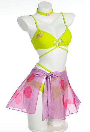 Officially Licensed Winx Club Flora Costume Swimsuit | Two Piece Bikini Set with Sarong and Choker Bathing Suit